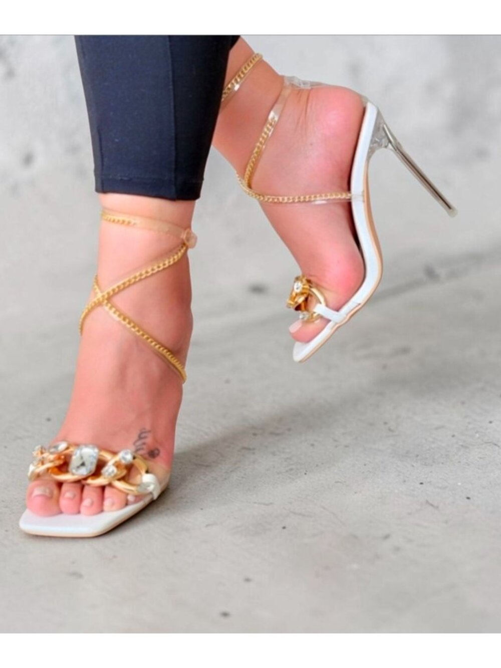 Gold & White Strappy High Heels With Rhinestone Chain Detailing & Clear Stiletto - Picture 2 of 10